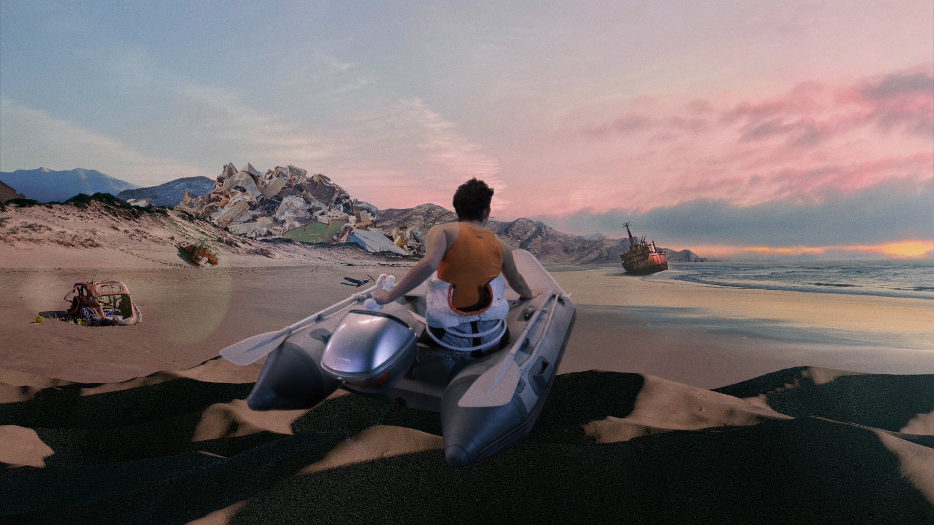 Film still of Mishaps in Spacetime: Cosmo travels in a dinghy boat, steering with the same joystick that had steered the previous spaceship. The boat flies over a beach landscape with wrecks along the shore, into a pink sunset.